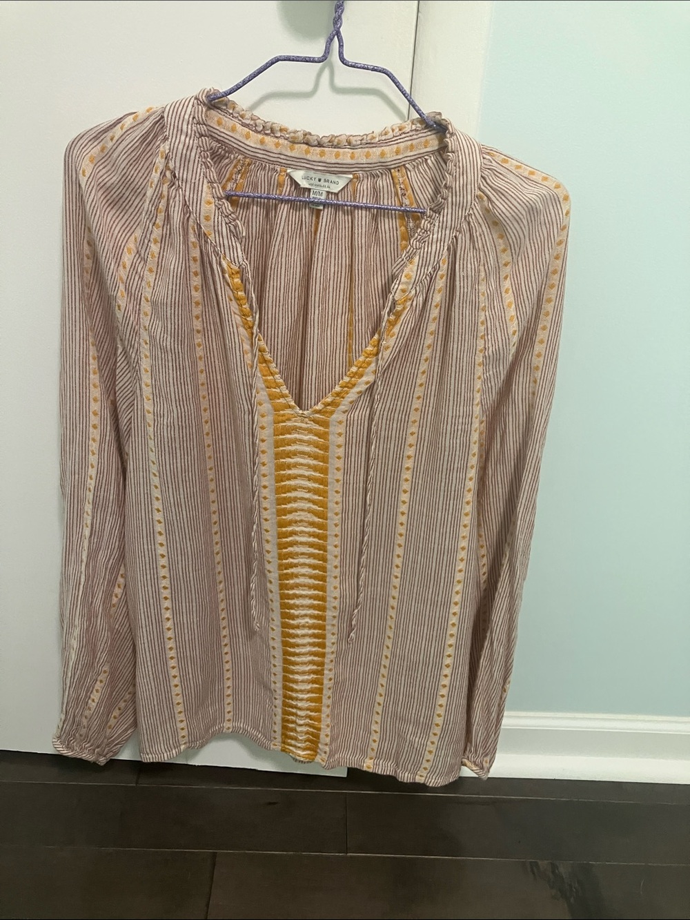 Lucky Brand Striped V-Neck Cotton Blend Tunic in Beige and Mustard
